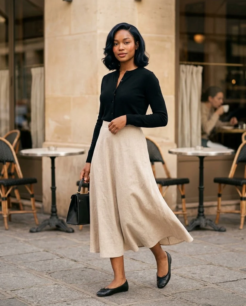 women wearing Black Cardigan With a Beige Midi Skirt