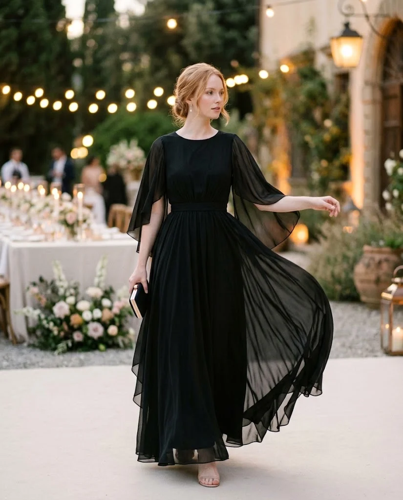 women wearing Black Chiffon Maxi Dress With Draped Sleeves
