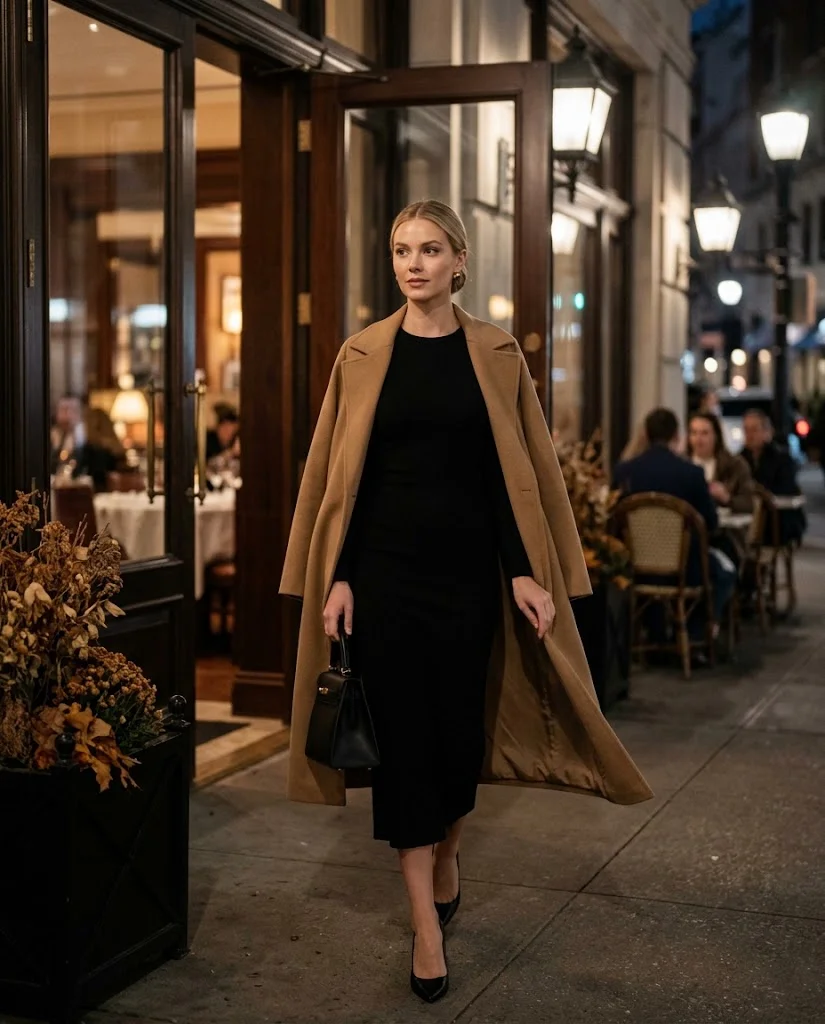 Black Column Dress with a Camel Coat, an elegant old money fall dinner outfit for women