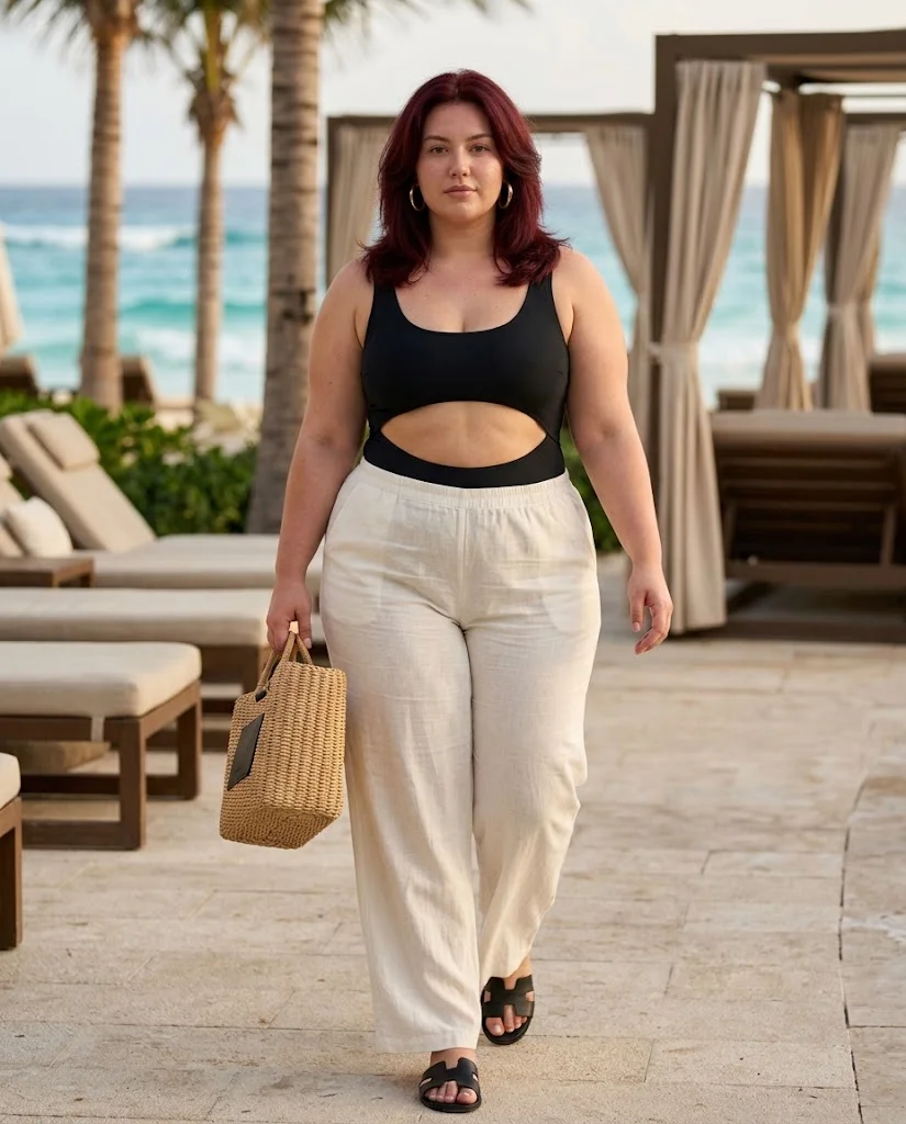 Plus Size Beach Outfits: Bold, Breezy & Stylish Looks 10 Black Cut-Out One-Piece With Wide-Leg Beach Pants Plus Size Beach Outfit