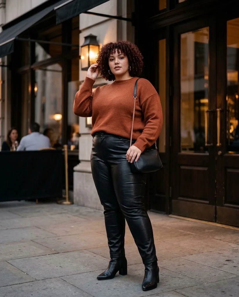 Black Faux-Leather Pants With a Rust Sweater Plus Size Fall Date Night Outfit