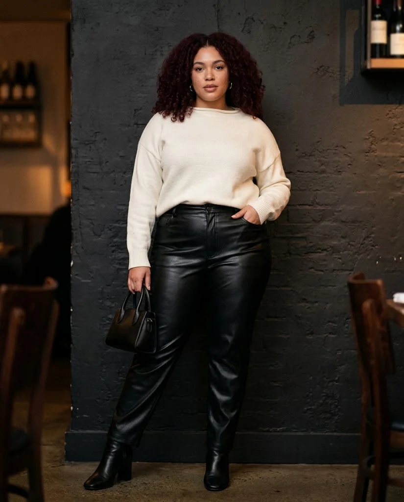 Plus Size Fall Dinner Outfits: 15 Chic Looks for Autumn Evenings 9 Black Faux-Leather Pants With an Ivory Sweater Plus Size Fall Dinner Outfit