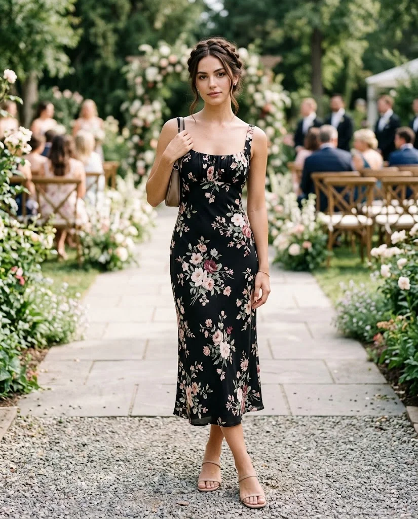 women wearing Black Floral Midi Dress