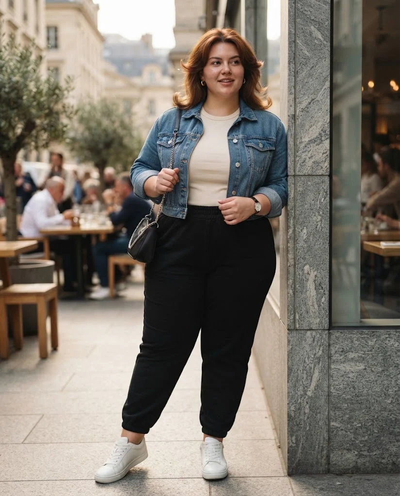 Black Joggers With a Cropped Denim Jacket Plus Size Casual Outfit