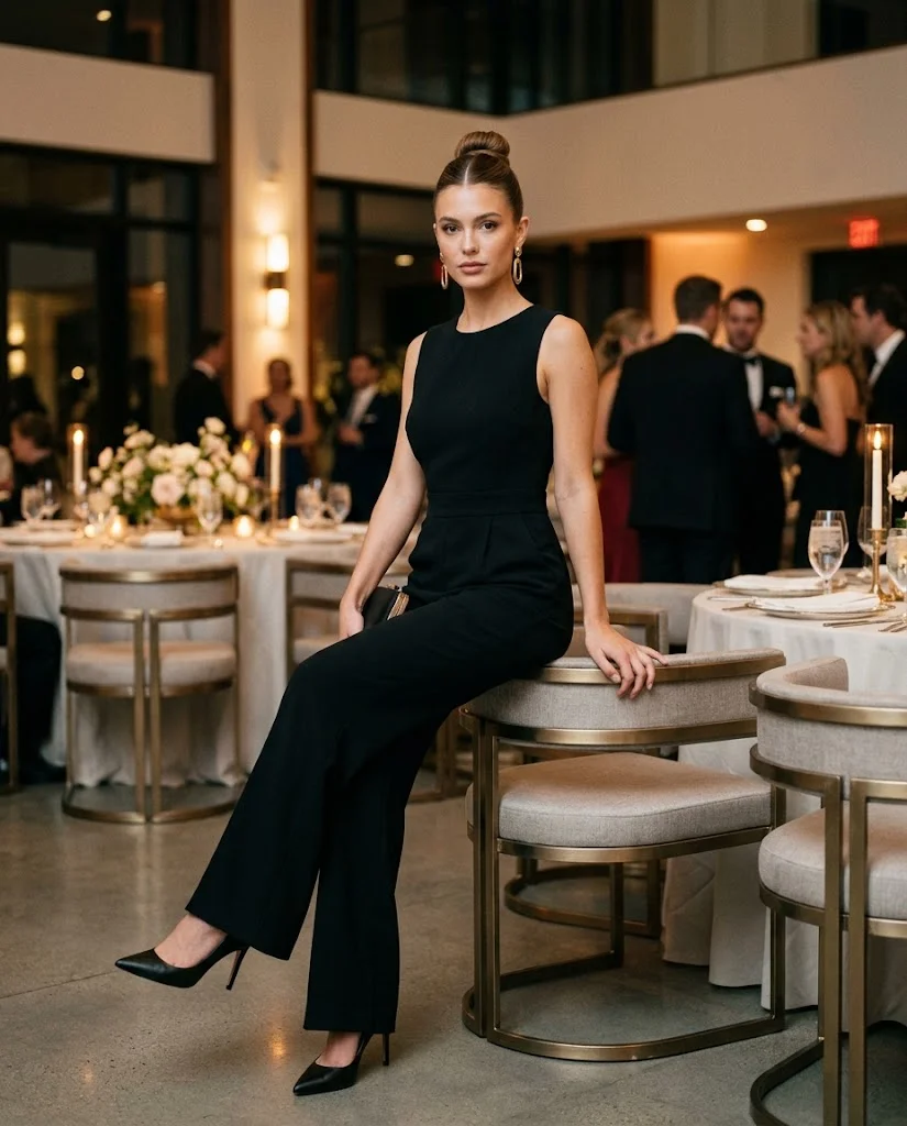 women wearing Black Jumpsuit With Statement Earrings