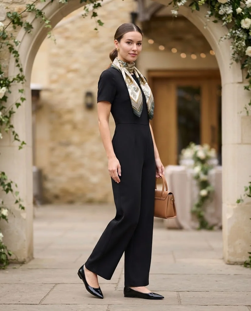 women wearing Black Jumpsuit With a Printed Scarf