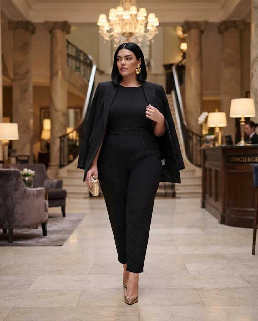 women wearing Black Jumpsuit With a Tailored Blazer