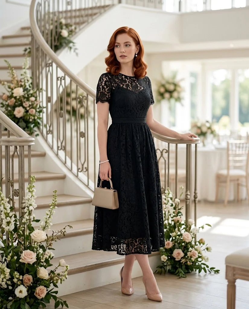 women wearing Black Lace Midi Dress With Pearl Accessories