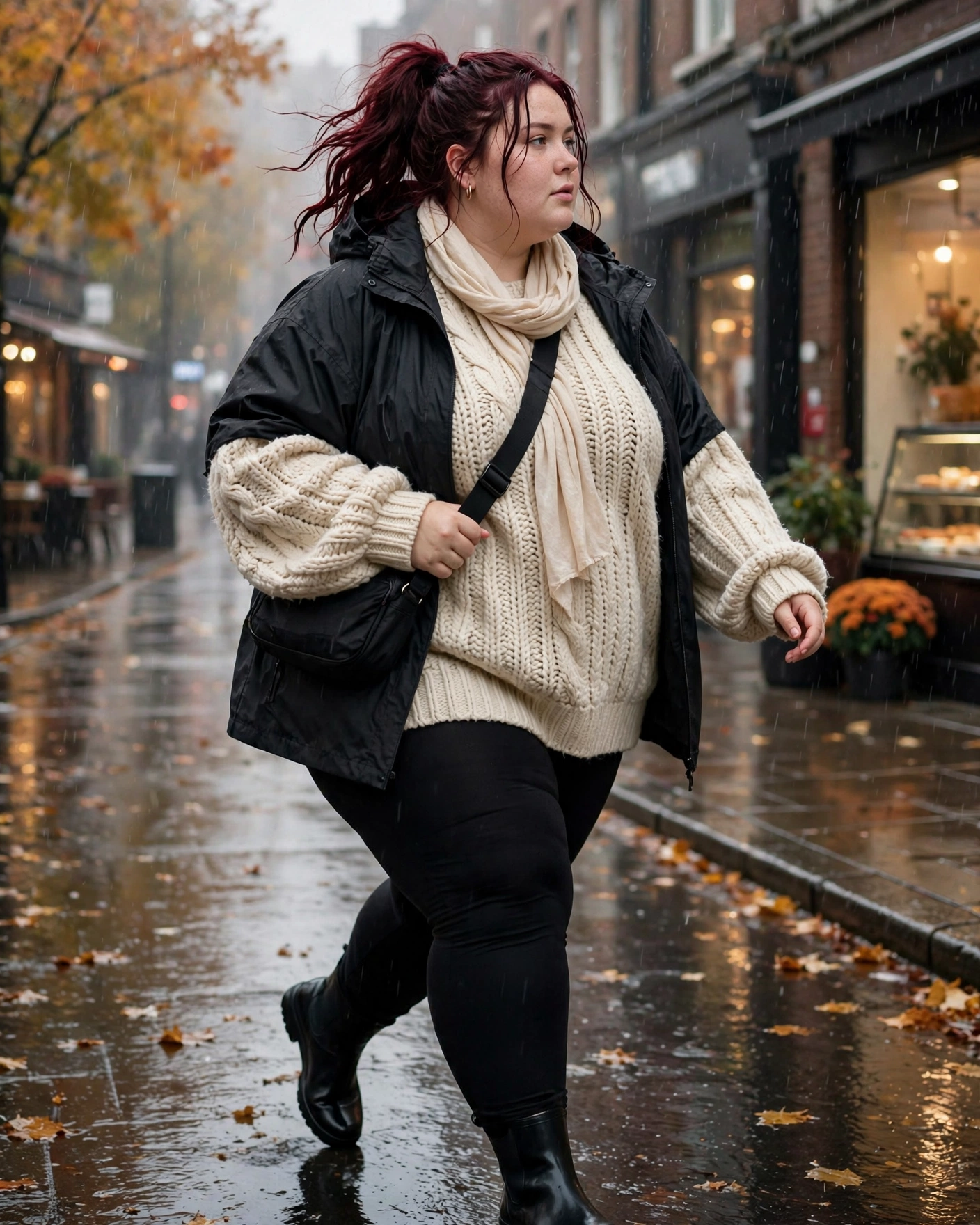 Black Leggings With an Oversized Knit and Rain Jacket Plus Size Rainy Fall Outfit