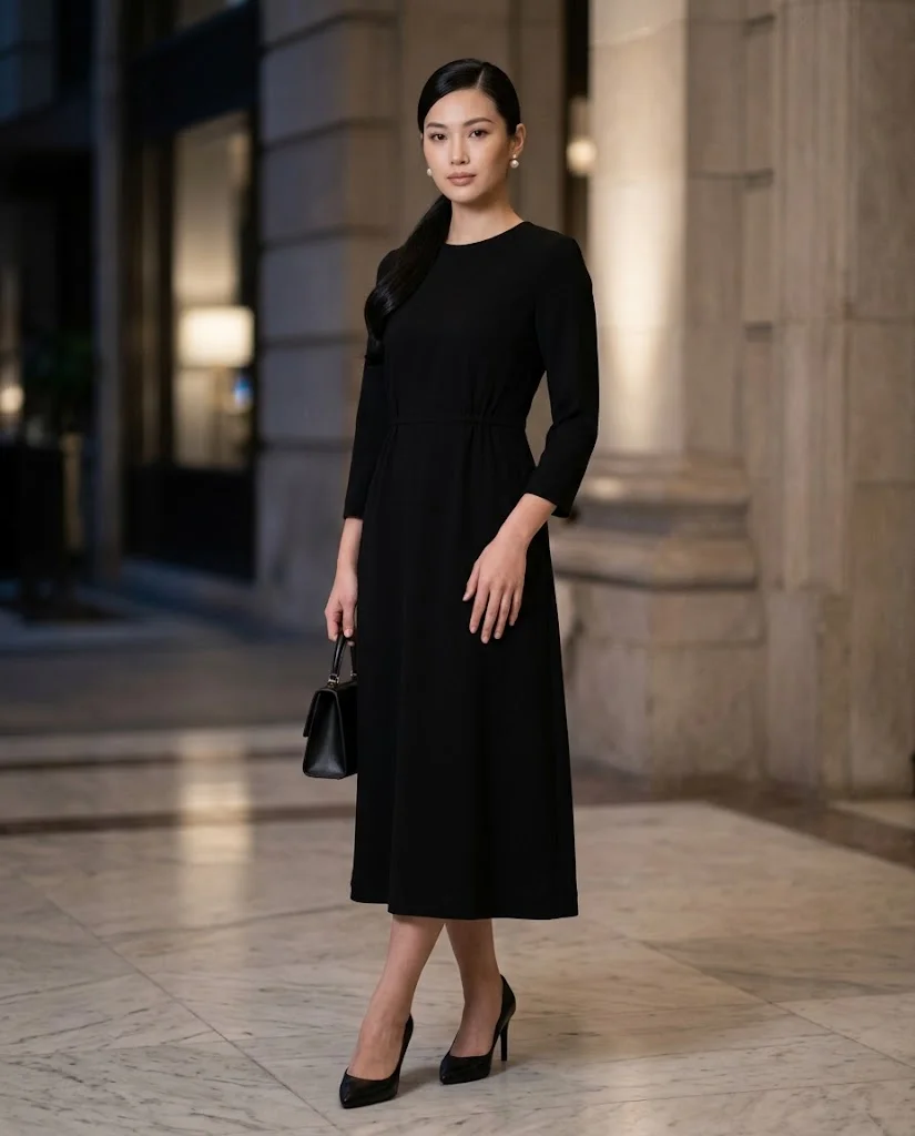 women wearing Black Midi Dress With Pearl Accessories