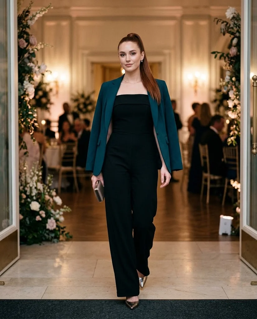 women wearing Black Off-Shoulder Jumpsuit With a Tailored Jacket