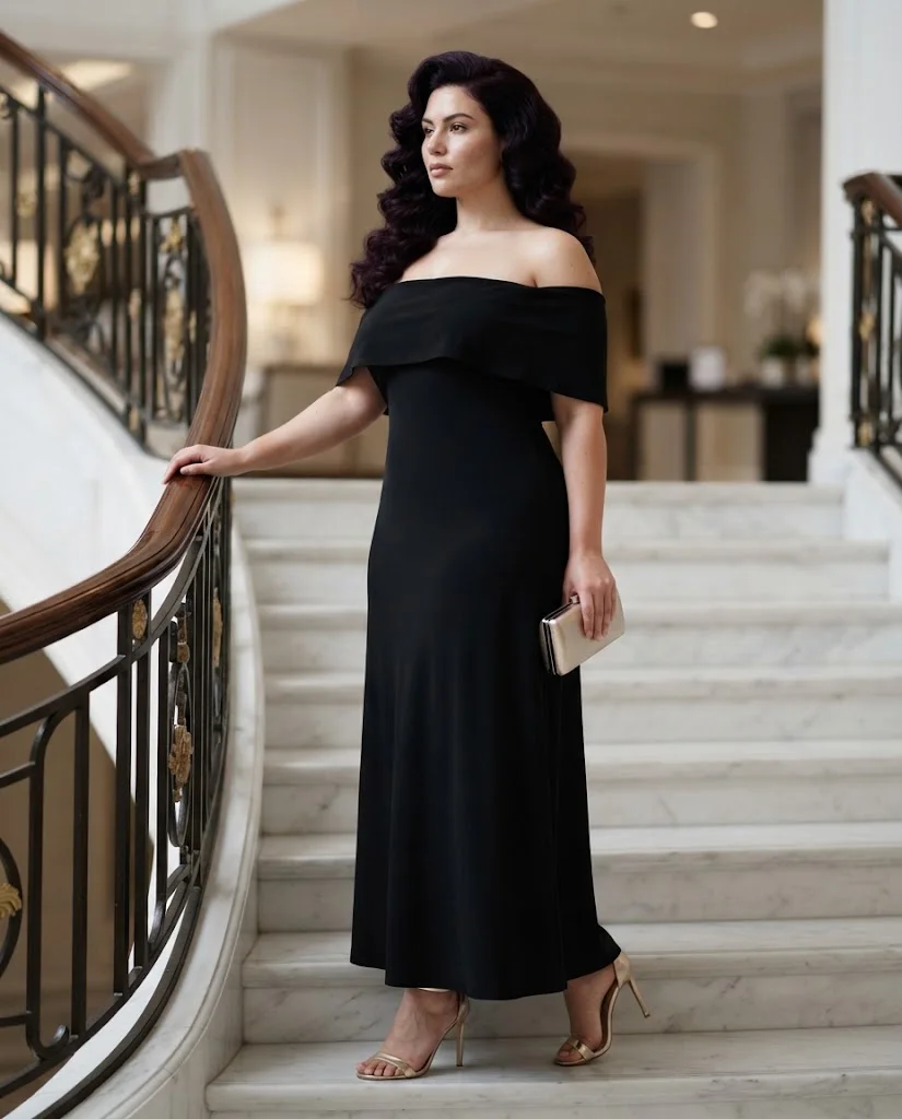 women wearing Black Off-Shoulder Maxi Dress