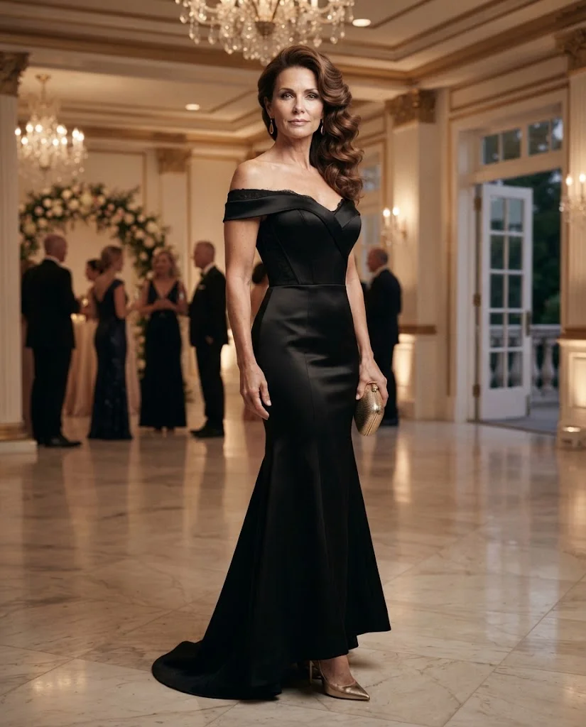Chic Formal Wedding Guest Outfits for Women Over 50: 20+ Elegant Ideas 18 Black Off-Shoulder Mermaid Gown with Gold Earrings, a formal wedding guest outfit for women over 50