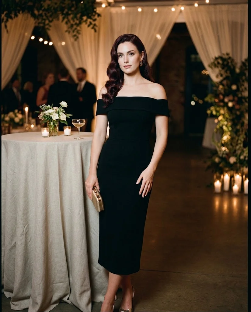 women wearing Black Off-Shoulder Midi Dress With Gold Accessories