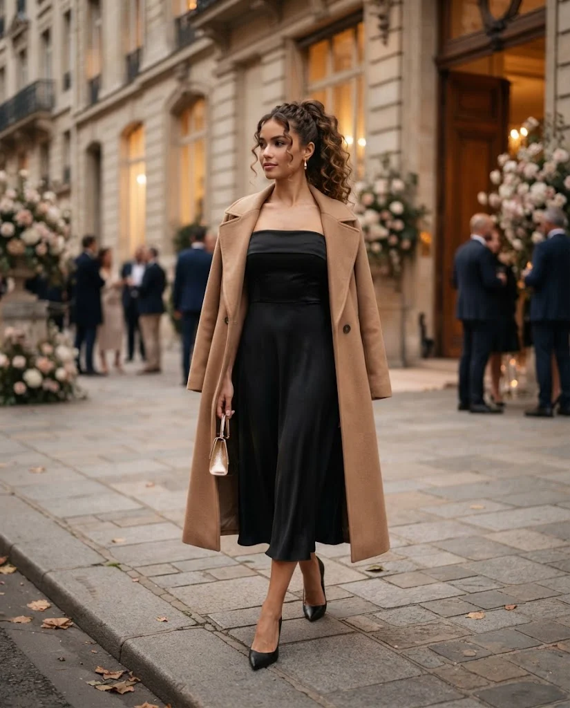 women wearing Black Off-Shoulder Midi Dress With a Camel Coat