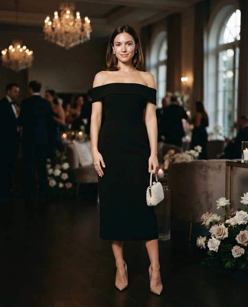 Black Off-Shoulder Midi Dress with Pearl Accessories, a classy and elegant wedding guest outfit for women