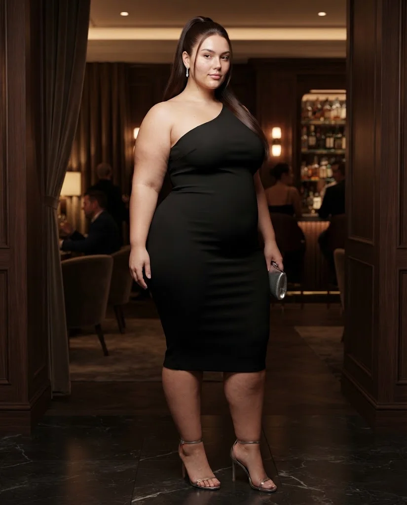 Black One-Shoulder Dress With Silver Heels Plus Size Cocktail Party Outfit