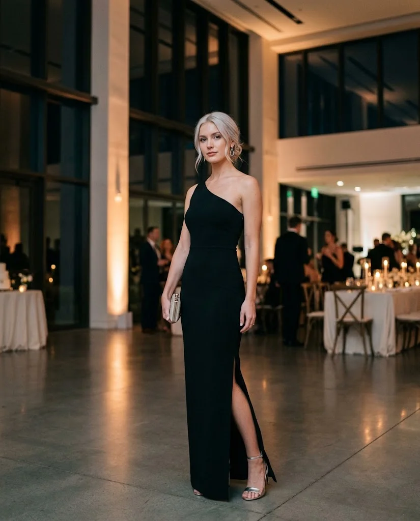 women wearing Black One-Shoulder Fitted Dress