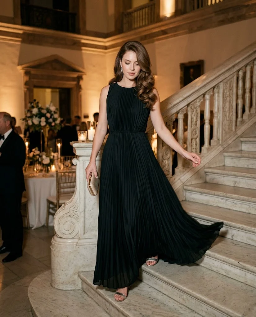 women wearing Black Pleated Maxi Dress