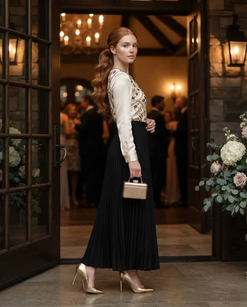 Black Pleated Maxi Skirt with an Embellished Blouse, a classy and elegant wedding guest outfit for women