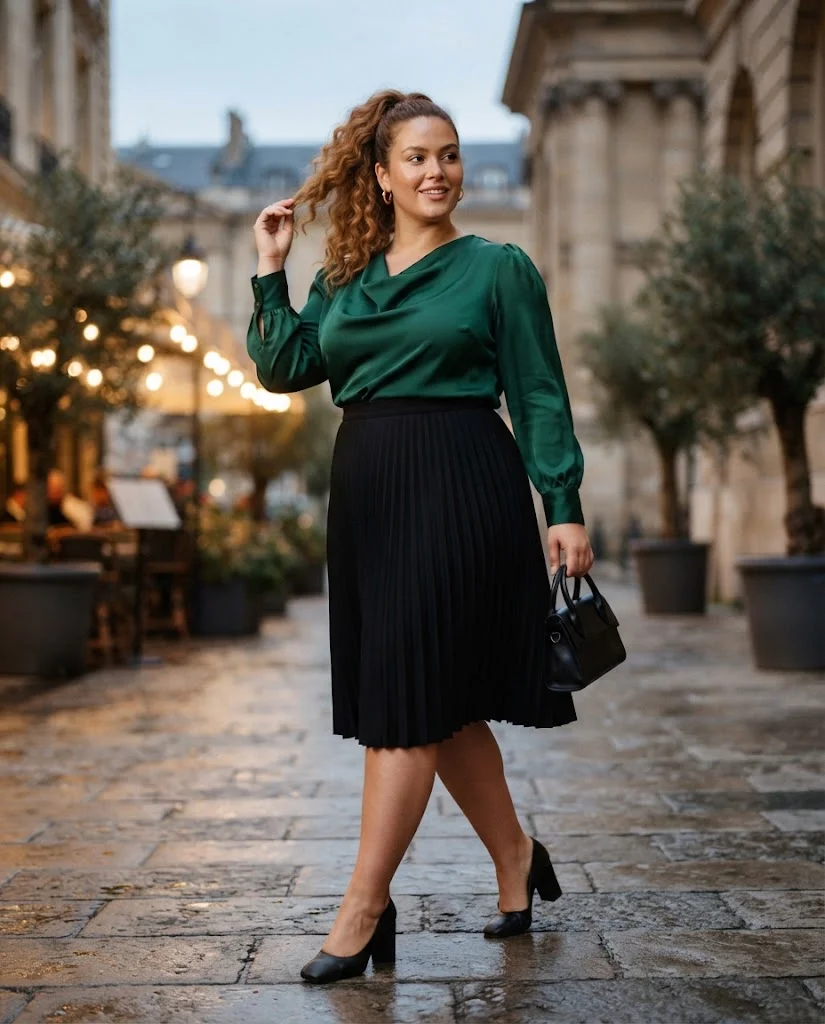 Black Pleated Midi Skirt With an Emerald Blouse Plus Size Date Night Outfit