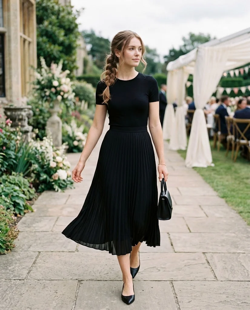 women wearing Black Pleated Skirt With a Fitted Top