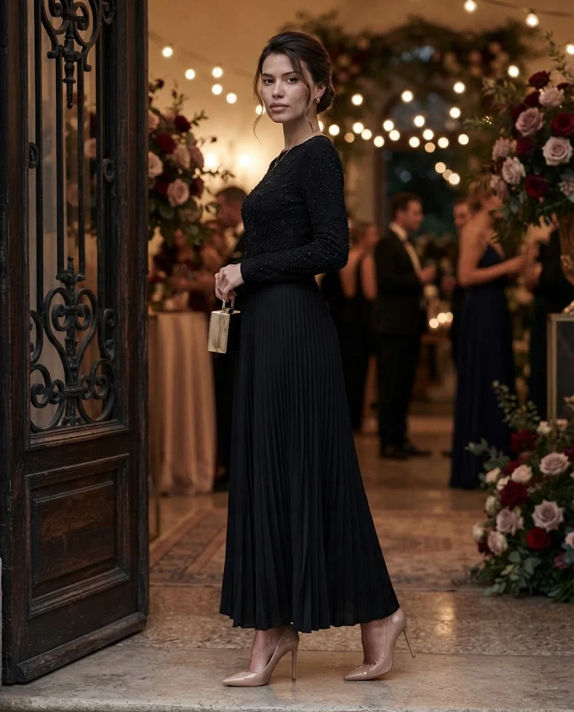women wearing Black Pleated Skirt With an Embellished Top