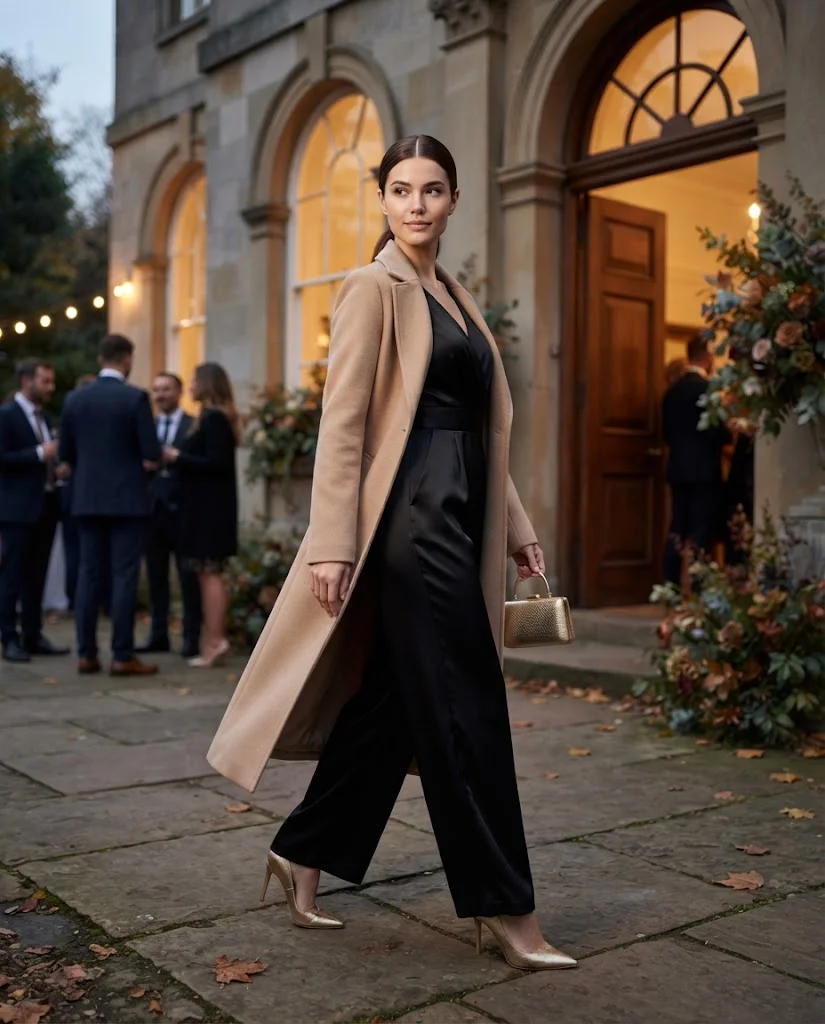 women wearing Black Satin Jumpsuit With a Beige Long Coat