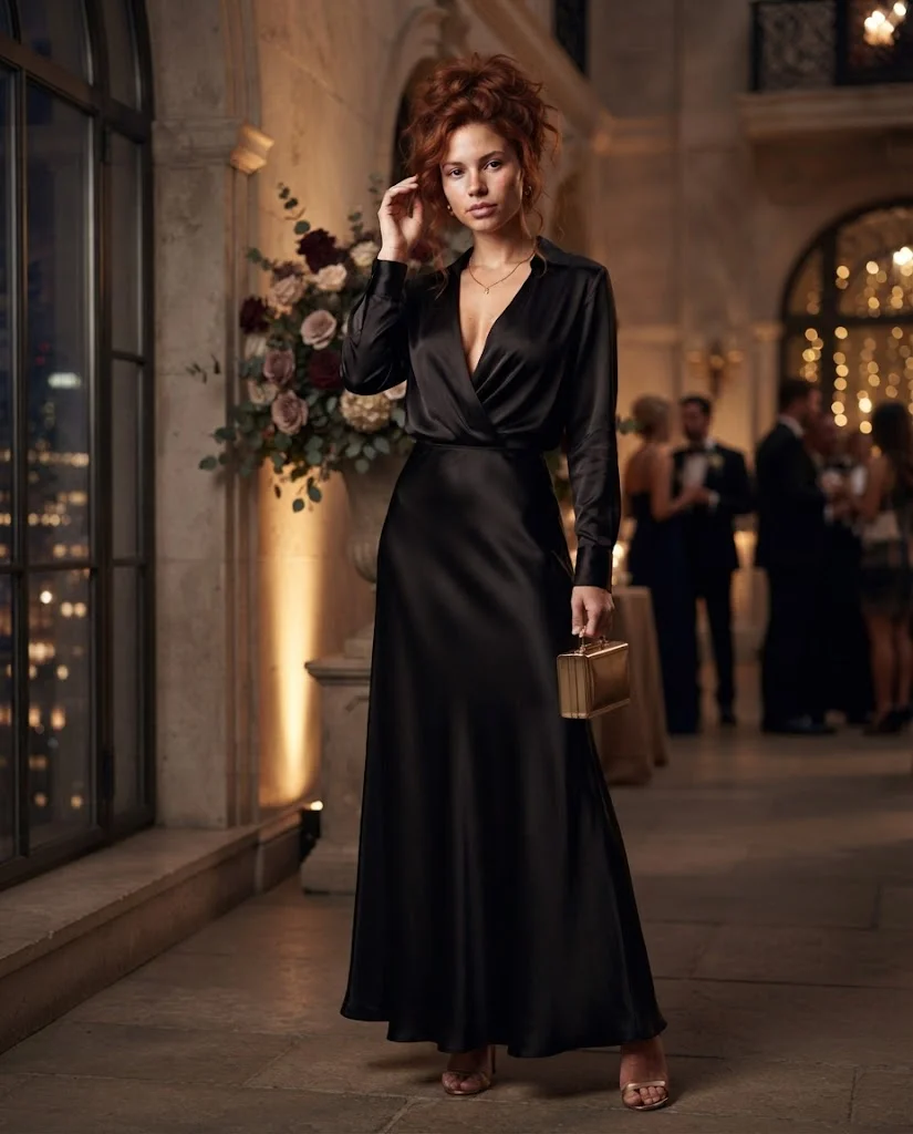 women wearing Black Satin Maxi Skirt With a Plunging Blouse