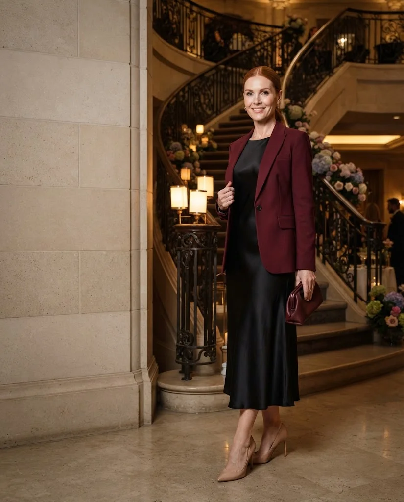 Black Satin Midi with Burgundy Blazer, an elegant wedding guest outfit for women over 50