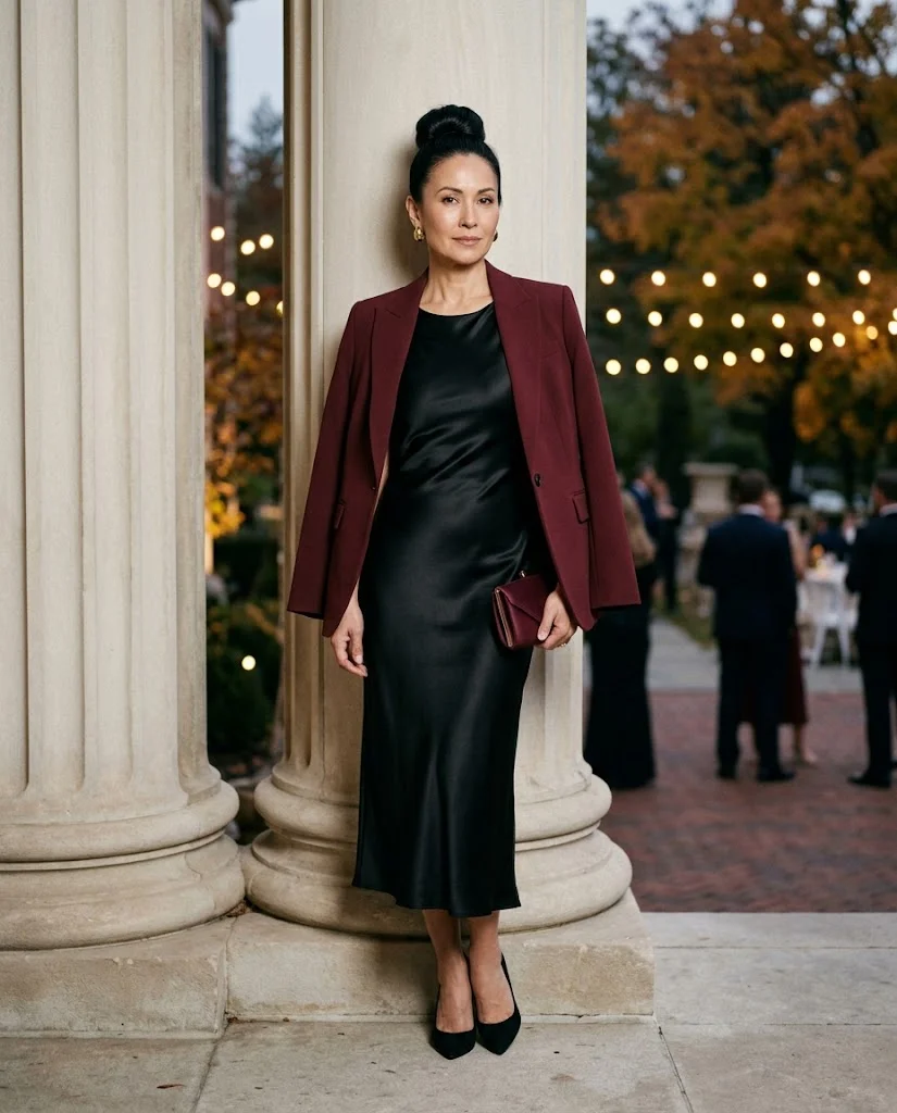 Black Satin Midi with Burgundy Blazer, a fall wedding guest outfit for women over 50