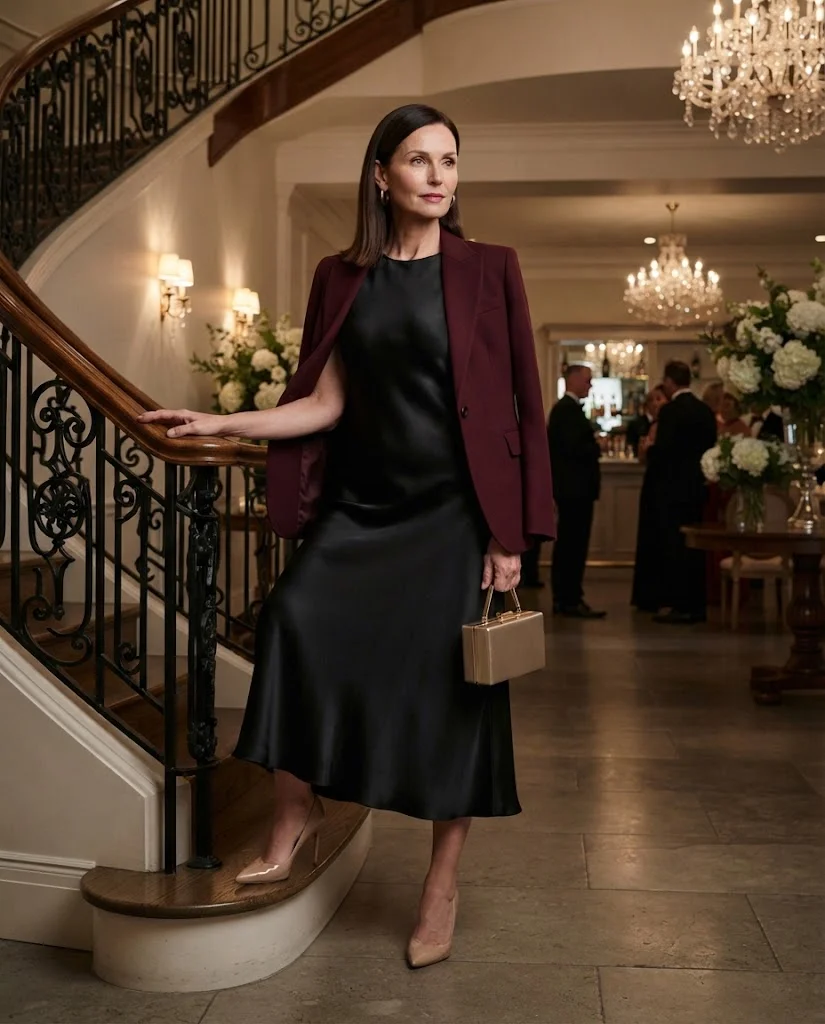Black Satin Midi with Burgundy Blazer, a semi-formal wedding guest outfit for women over 50