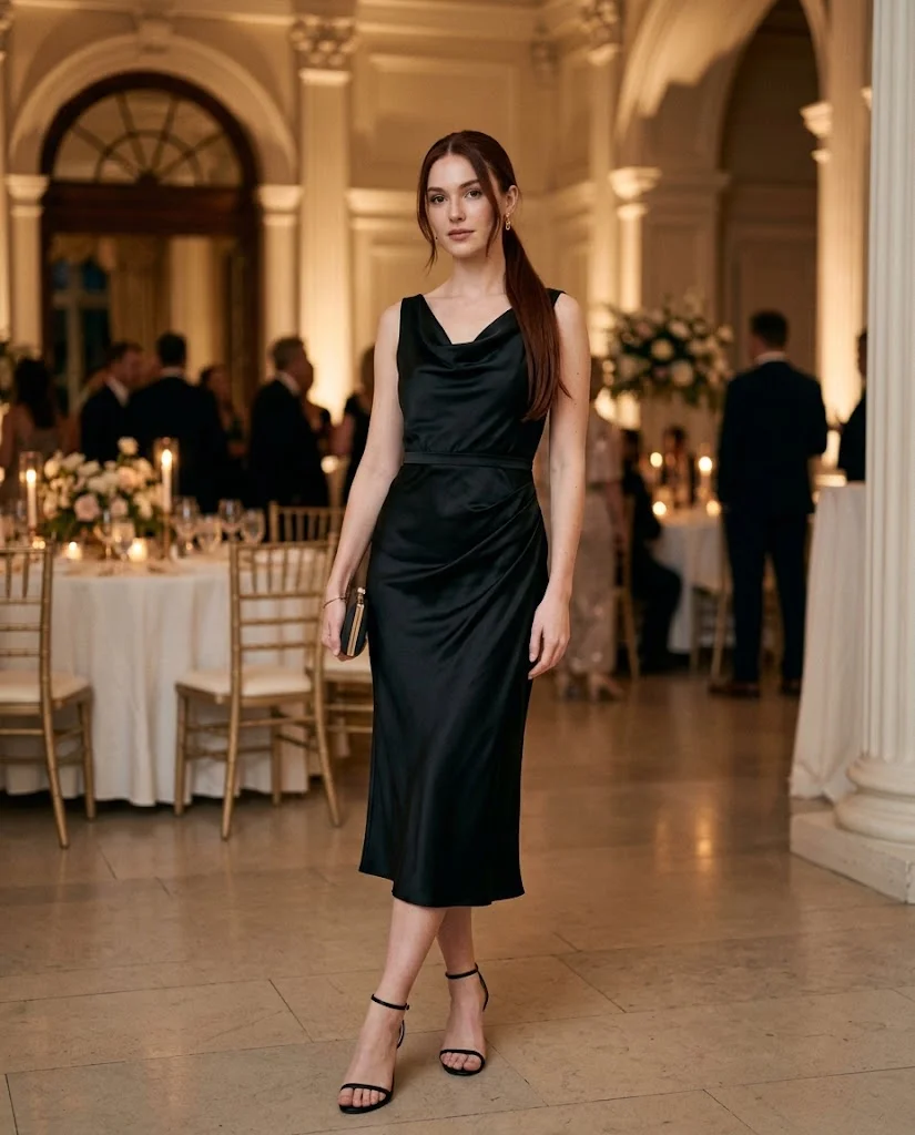 women wearing Black Satin Midi Dress With Strappy Heels