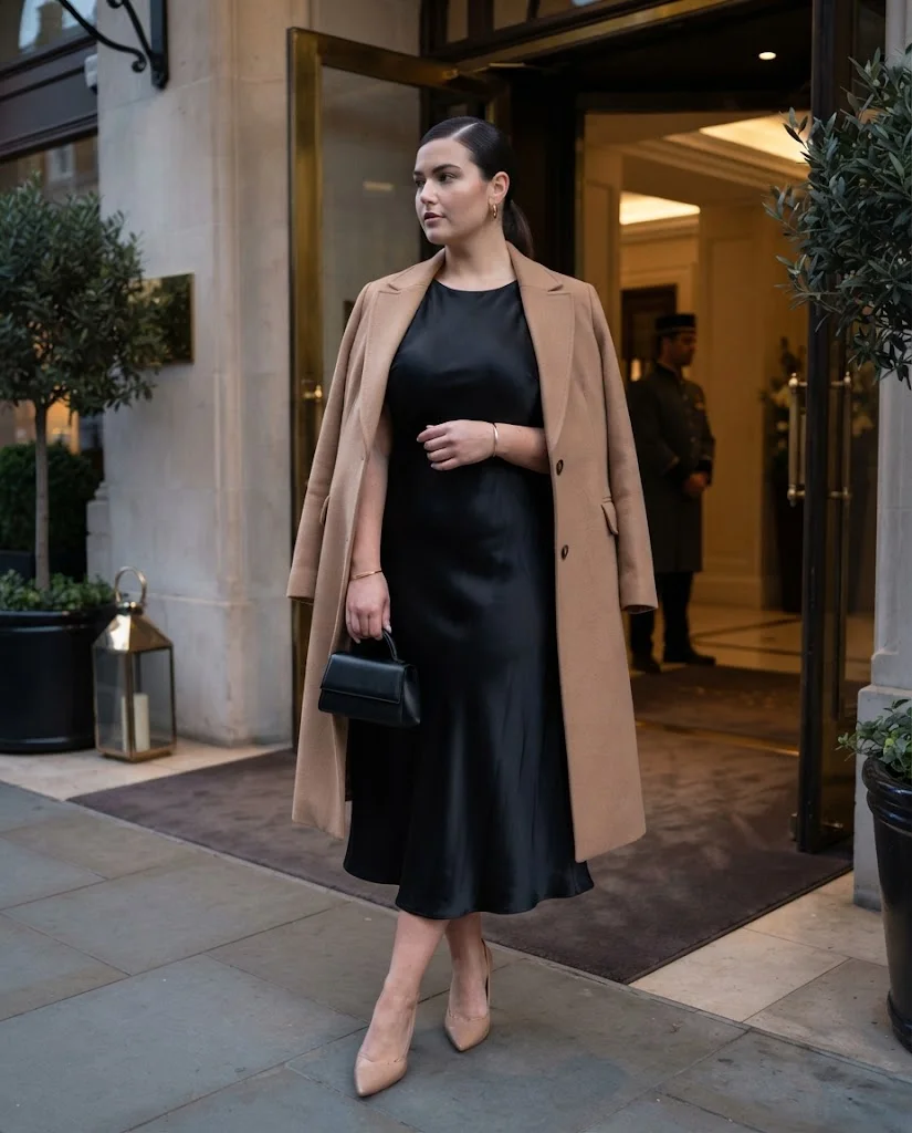 women wearing Black Satin Midi Dress With a Camel Coat