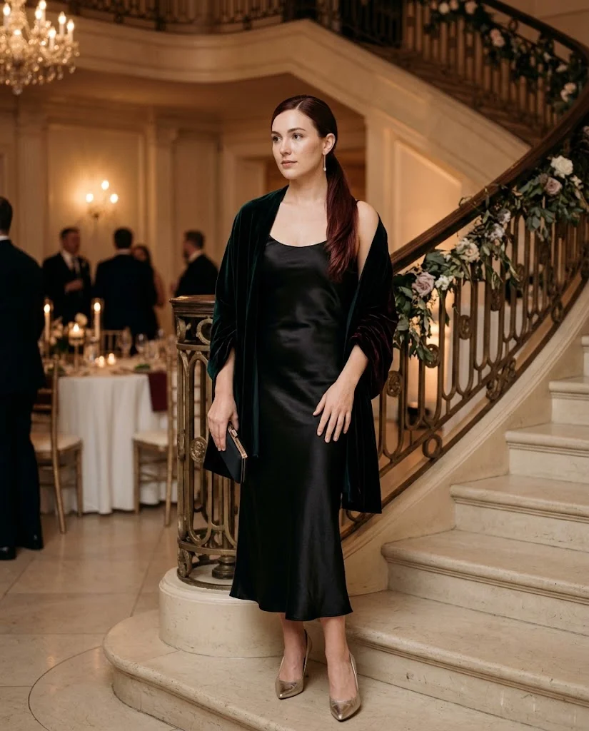 women wearing Black Satin Midi Dress With a Velvet Wrap