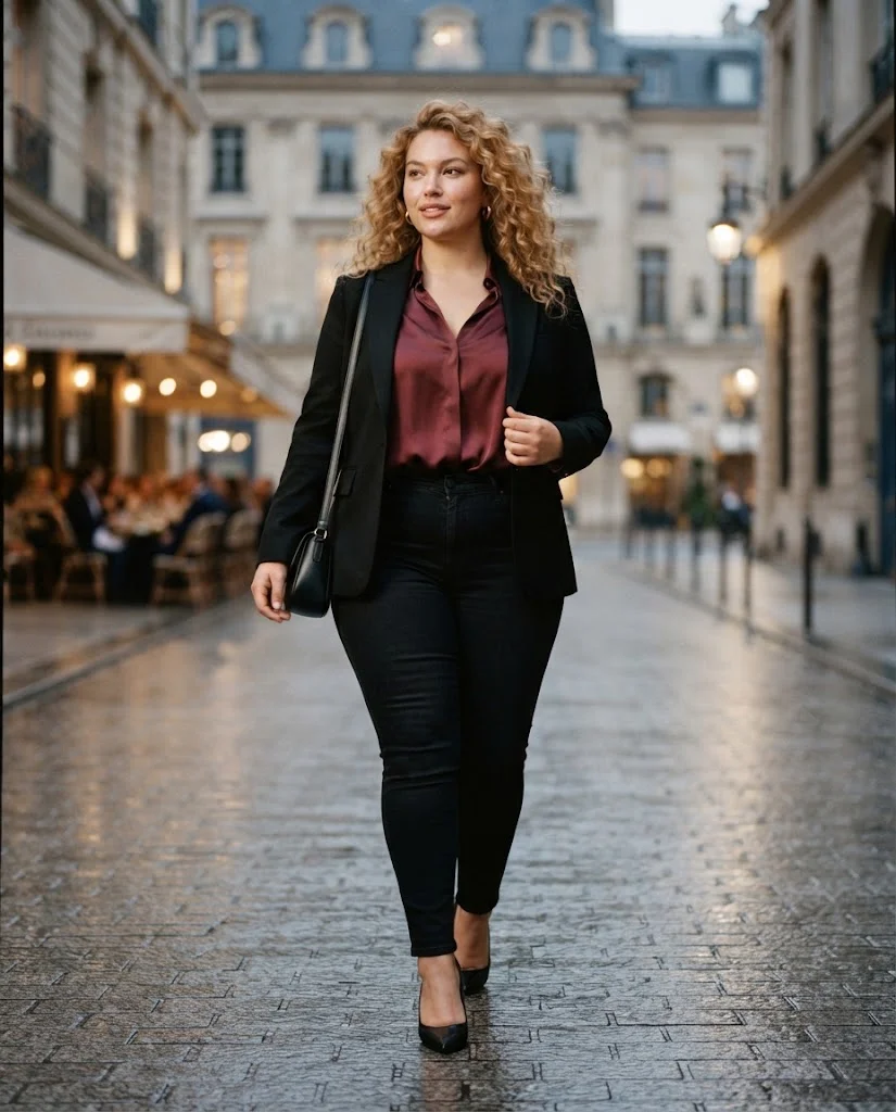 Black Skinny Jeans With a Satin Wine Blouse Plus Size Date Night Outfit