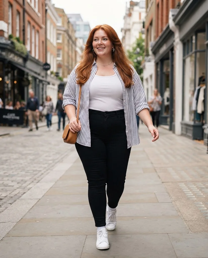 Black Skinny Jeans With a Striped Oversized Shirt Plus Size Casual Outfit