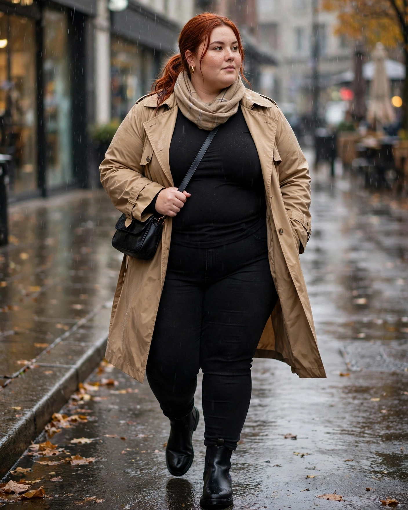 Black Skinny Jeans With a Waterproof Trench Coat Plus Size Rainy Fall Outfit