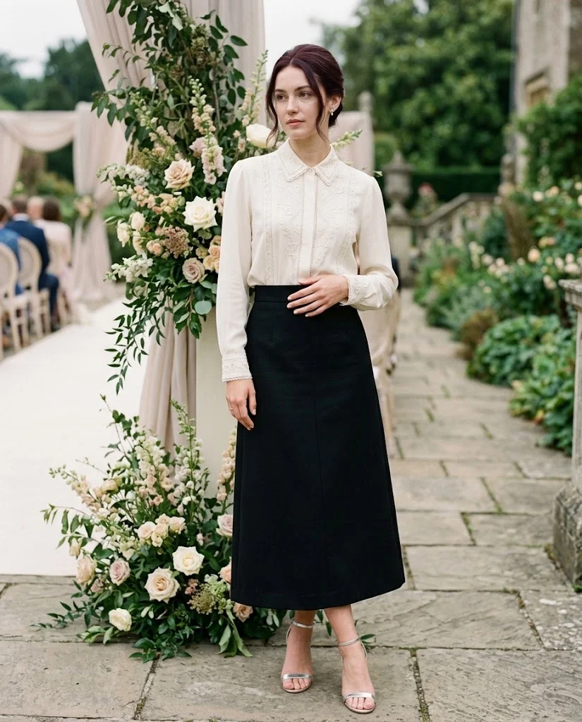 women wearing Black Skirt With an Embellished Blouse