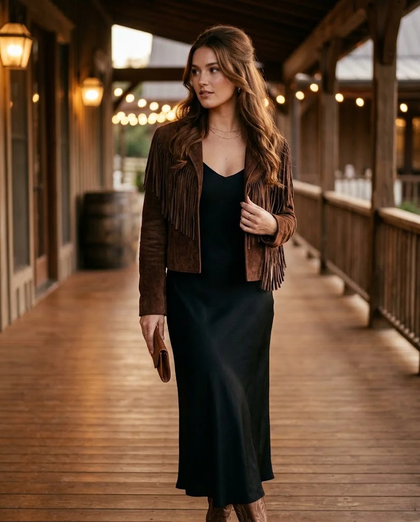 Black Slip Dress with a Suede Fringe Jacket, a stylish western wedding guest outfit for women