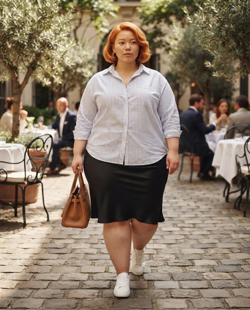 Plus Size Brunch Outfits for Women: 15 Stylish Ideas 15 Black Slip Skirt With a Striped Button-Down Plus Size Brunch Outfit