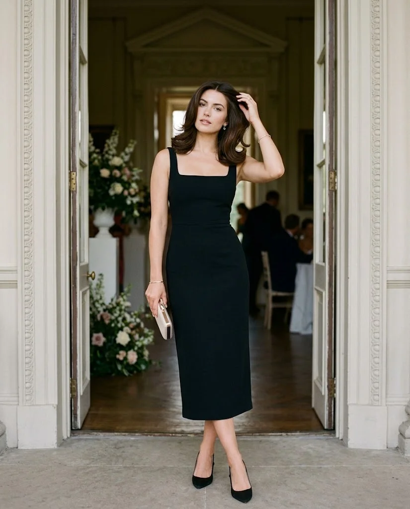 women wearing Black Square-Neck Midi Dress