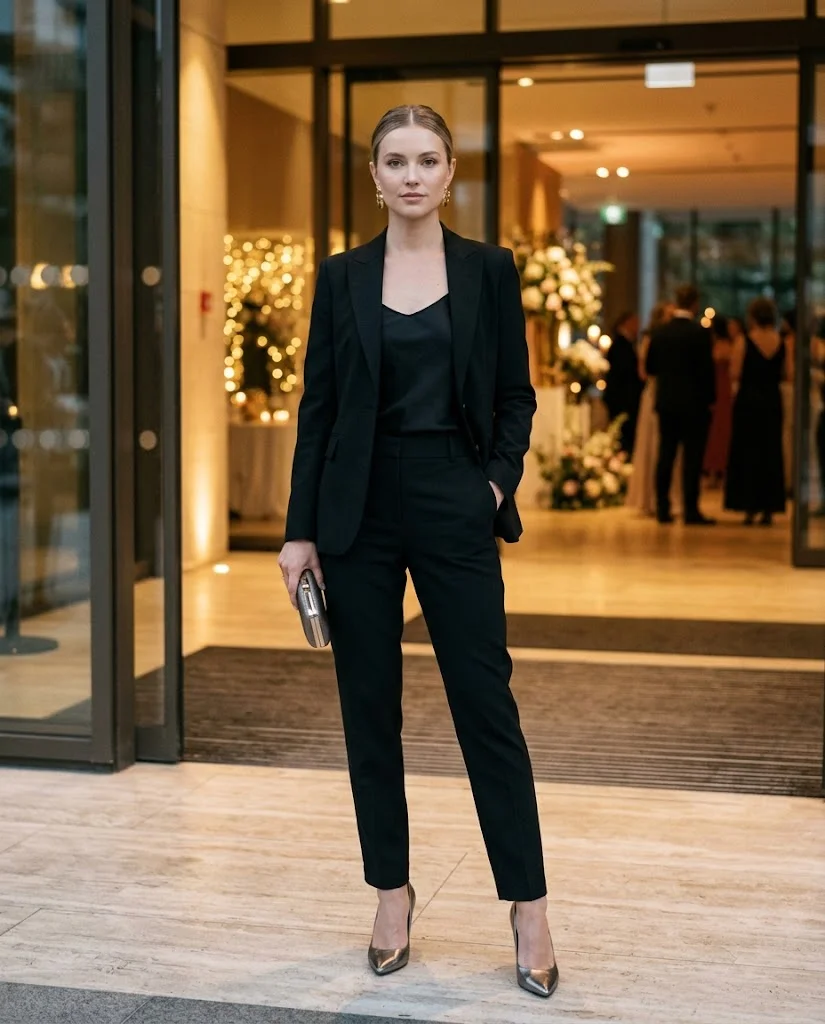 women wearing Black Tailored Suit With a Silk Camisole