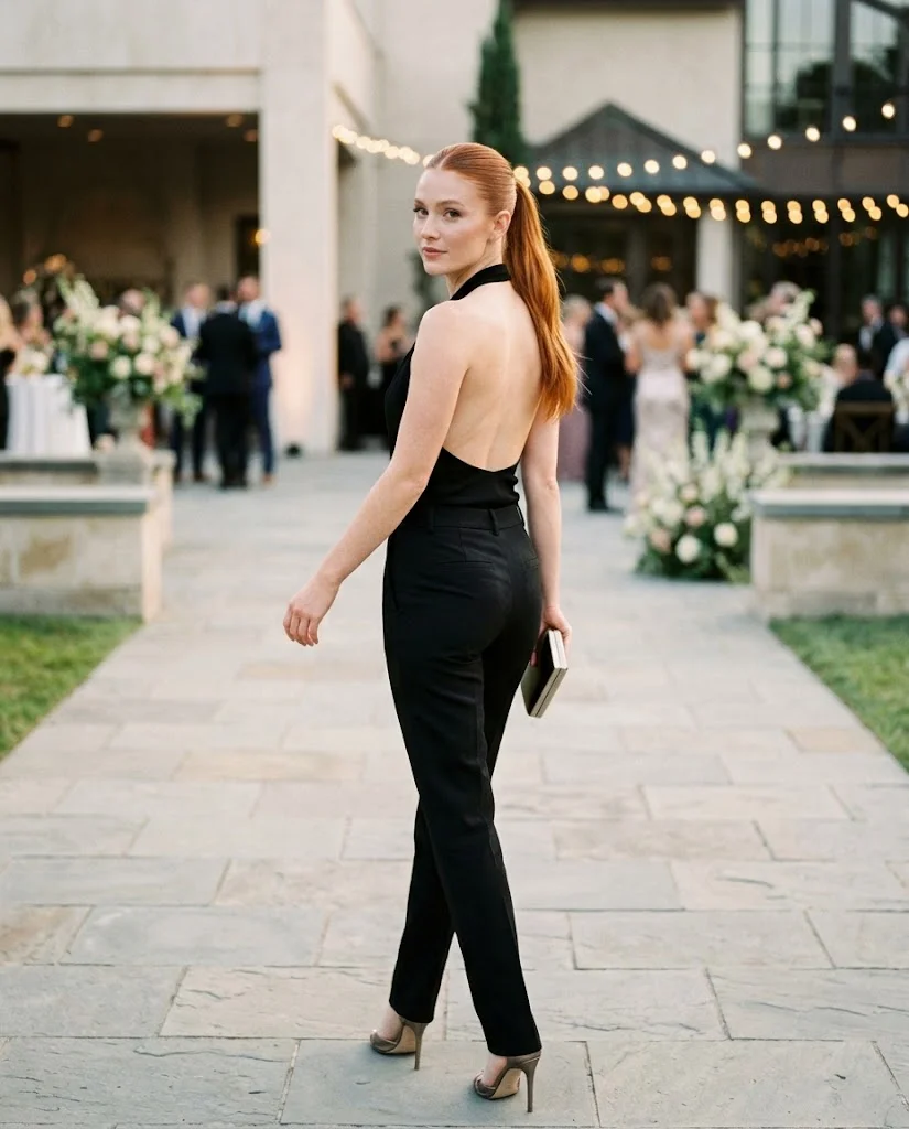 women wearing Black Tailored Trousers With a Backless Halter Top