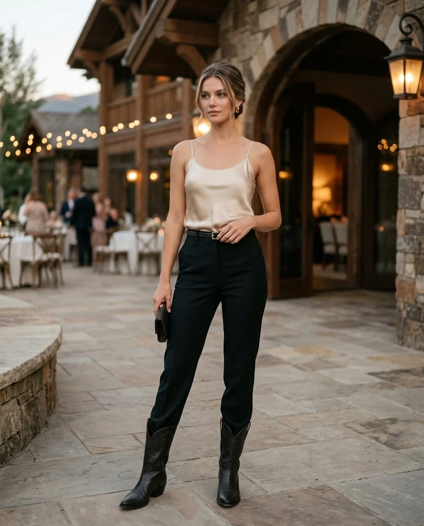 Black Tailored Trousers with a Champagne Silk Camisole and Cowboy Boots, a stylish western wedding guest outfit for women