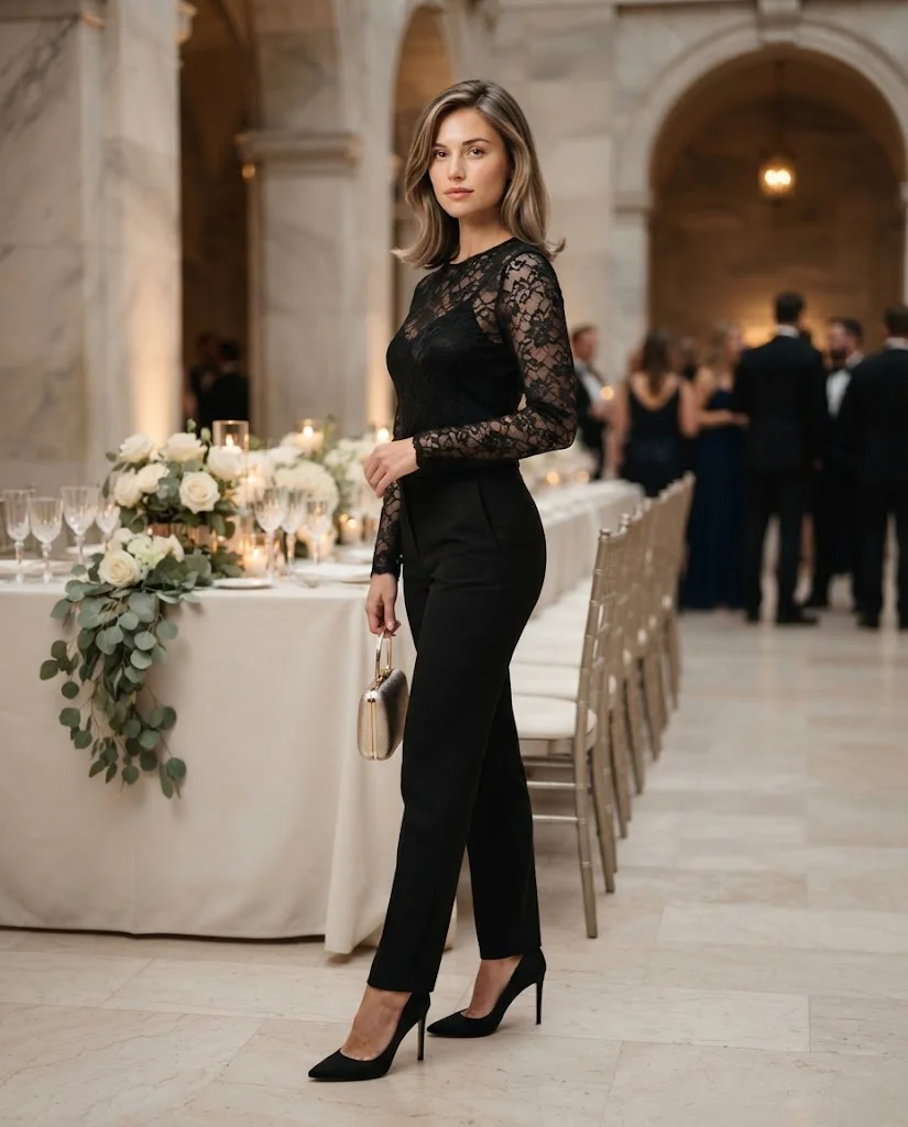 women wearing Black Trousers With a Lace Overlay Top