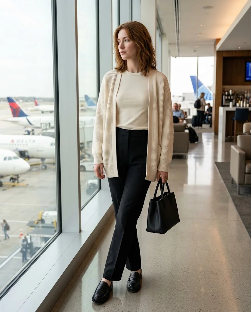 Old Money Airport Outfits: 20+ Chic Travel Looks for Women 11 women wearing Black Trousers With a Soft Cardigan