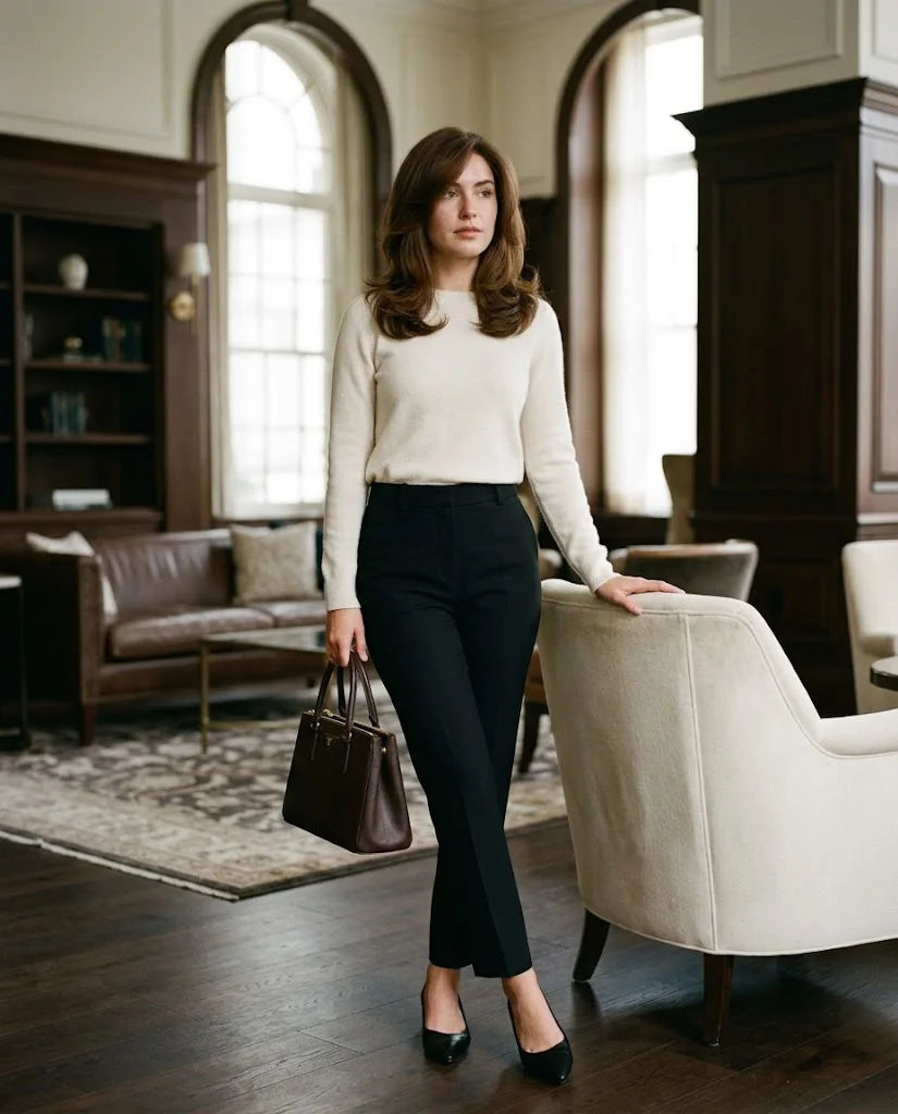 women wearing Black Trousers With a Soft Knit Top