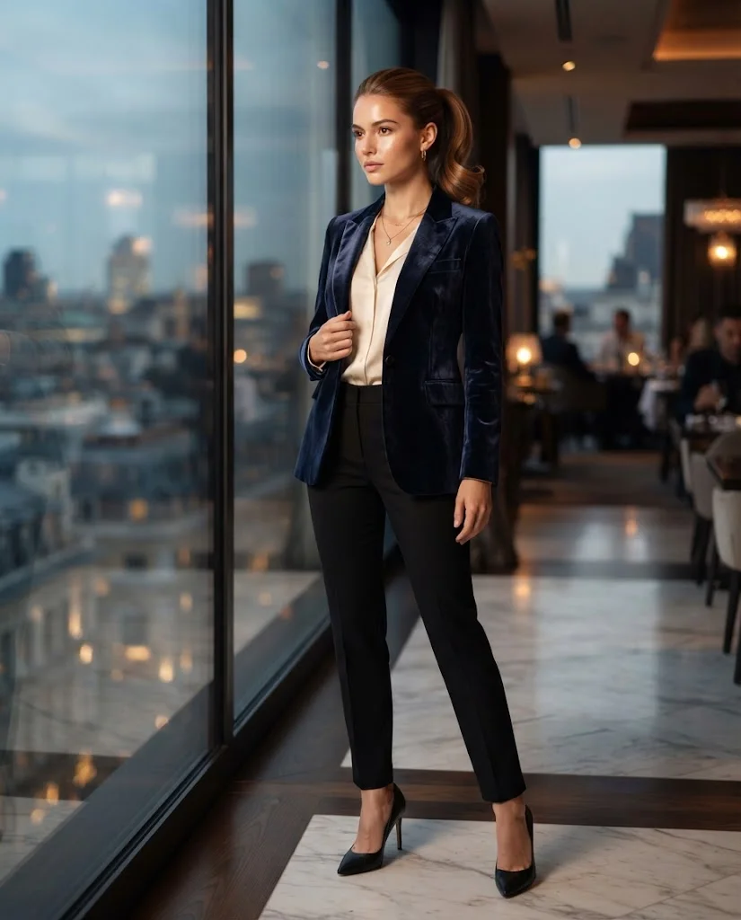women wearing Black Trousers With a Velvet Blazer