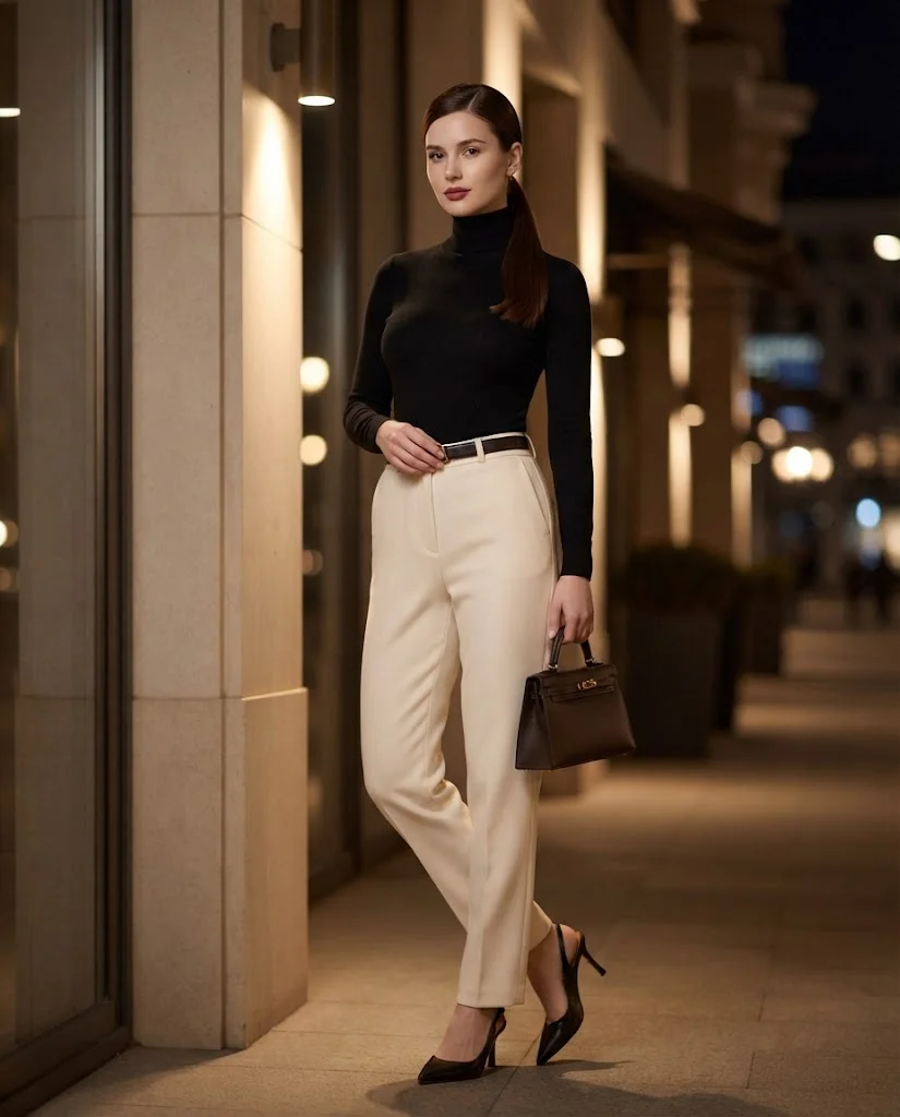 women wearing  Black Turtleneck With Tailored Trousers
